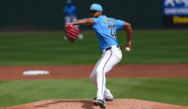 JUPITER, FLORIDA - MARCH 5: Sandy Alcantara #22 of the Miami Marlins during the spring training game against the Houston Astros at Roger Dean Stadium on March 5, 2026 in Jupiter, Florida. (Photo by Jasen Vinlove/Miami Marlins/Getty Images)