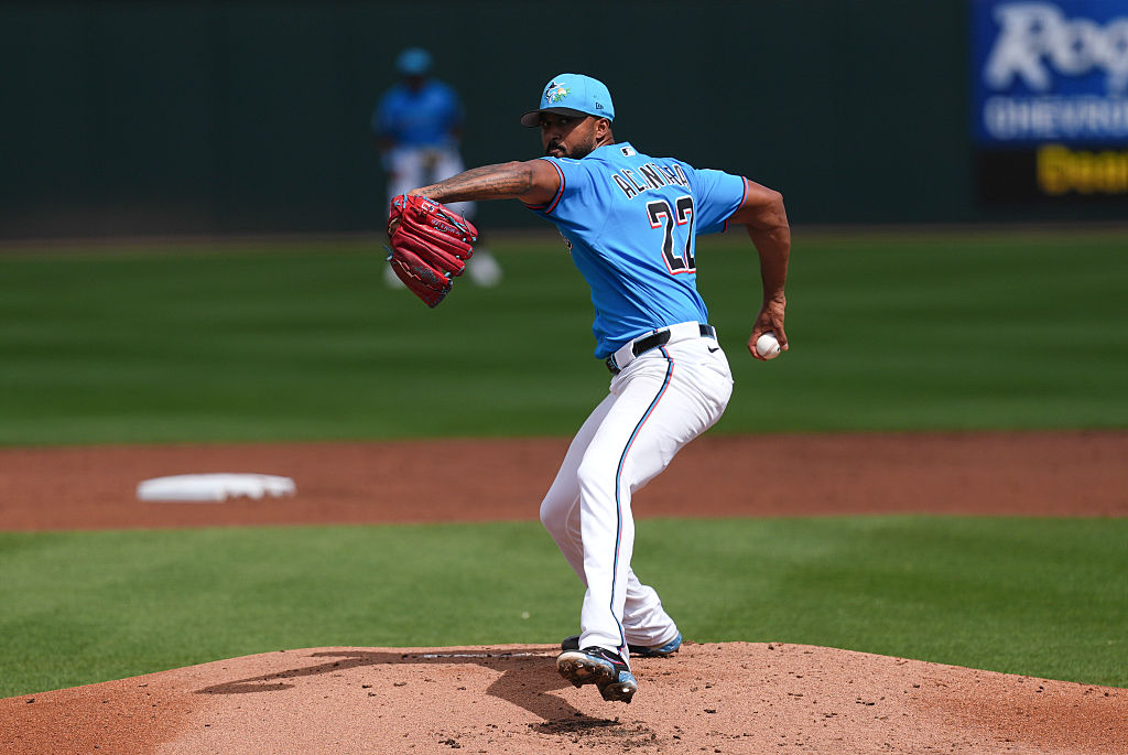 JUPITER, FLORIDA - MARCH 5: Sandy Alcantara #22 of the Miami Marlins during the spring training game against the Houston Astros at Roger Dean Stadium on March 5, 2026 in Jupiter, Florida. (Photo by Jasen Vinlove/Miami Marlins/Getty Images)