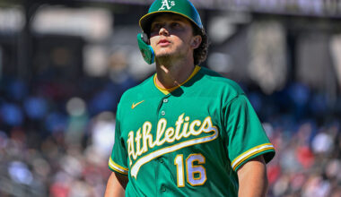LAS VEGAS, NEVADA - MARCH 08: Nick Kurtz #16 of the Athletics of the Athletics looks on during a spring training game against the Los Angeles Angels at Las Vegas Ballpark on March 08, 2026 in Las Vegas, Nevada. The Athletics defeated the Angels 7-4.