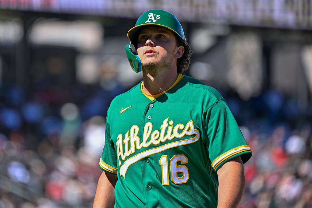 LAS VEGAS, NEVADA - MARCH 08: Nick Kurtz #16 of the Athletics of the Athletics looks on during a spring training game against the Los Angeles Angels at Las Vegas Ballpark on March 08, 2026 in Las Vegas, Nevada. The Athletics defeated the Angels 7-4.