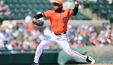 LAKELAND, FLORIDA - MARCH 09: Framber Valdez #59 of the Detroit Tigers delivers a pitch in the second inning against the Tampa Bay Rays during the Grapefruit League spring training game at Publix Field at Joker Marchant Stadium on March 09, 2026 in Lakeland, Florida. (Photo by Julio Aguilar/Getty Images)