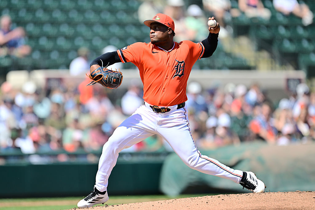 LAKELAND, FLORIDA - MARCH 09: Framber Valdez #59 of the Detroit Tigers delivers a pitch in the second inning against the Tampa Bay Rays during the Grapefruit League spring training game at Publix Field at Joker Marchant Stadium on March 09, 2026 in Lakeland, Florida. (Photo by Julio Aguilar/Getty Images)