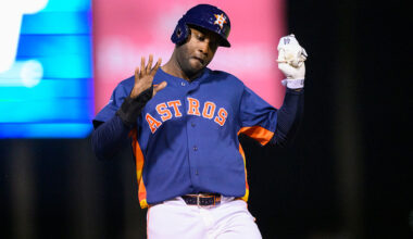 WEST PALM BEACH, FL - MARCH 12: Houston Astros outfielder Yordan Alvarez (44) gestures during a MLB spring training game against the Washington Nationals at CACTI Park of the Palm Beaches on March 12, 2026 in West Palm Beach, Florida. (Photo by Doug Murray/Icon Sportswire via Getty Images)