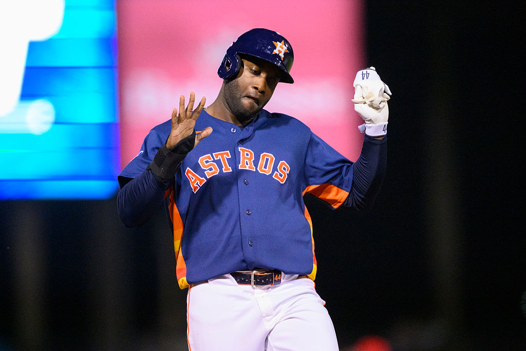 WEST PALM BEACH, FL - MARCH 12: Houston Astros outfielder Yordan Alvarez (44) gestures during a MLB spring training game against the Washington Nationals at CACTI Park of the Palm Beaches on March 12, 2026 in West Palm Beach, Florida. (Photo by Doug Murray/Icon Sportswire via Getty Images)
