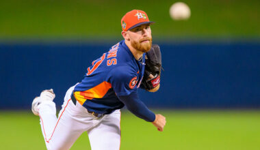 WEST PALM BEACH, FL - MARCH 12: Houston Astros pitcher Mike Burrows (50) throws the ball from the mound during a MLB spring training game against the Washington Nationals at CACTI Park of the Palm Beaches on March 12, 2026 in West Palm Beach, Florida. (Photo by Doug Murray/Icon Sportswire via Getty Images)