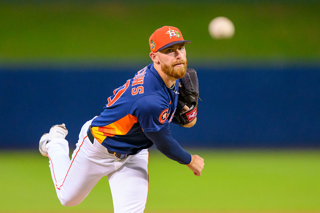 WEST PALM BEACH, FL - MARCH 12: Houston Astros pitcher Mike Burrows (50) throws the ball from the mound during a MLB spring training game against the Washington Nationals at CACTI Park of the Palm Beaches on March 12, 2026 in West Palm Beach, Florida. (Photo by Doug Murray/Icon Sportswire via Getty Images)