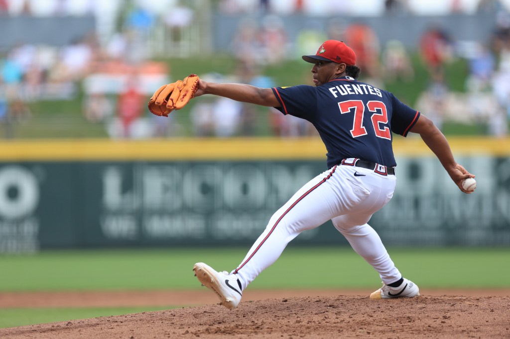 Didier Fuentes #72 of the Atlanta Braves delivers a pitch during the spring training game between the New York Yankees and the Atlanta Braves on March 13, 2026 at CoolToday Park in North Port, FL.
