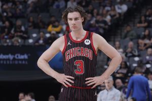 SACRAMENTO, CA - MARCH 8: Josh Giddey #3 of the Chicago Bulls looks on during the game against the Sacramento Kings on March 8, 2026 at Golden 1 Center in Sacramento, California.
