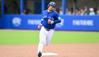 DUNEDIN, FLORIDA - MARCH 14, 2026: Daulton Varsho #5 of the Toronto Blue Jays runs the bases after hitting a solo home run during the fifth inning of a spring training game against the Detroit Tigers at TD Ballpark on March 14, 2026 in Dunedin, Florida. (Photo by Nick Cammett/Diamond Images via Getty Images)