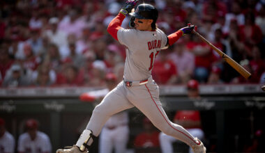 CINCINNATI, OHIO - MARCH 26: Jarren Duran #16 of the Boston Red Sox hits a single during the first inning of the Opening Day game against the Cincinnati Reds on March 26, 2026 at Great American Ball Park in Cincinnati, Ohio. (Photo by Maddie Malhotra/Boston Red Sox/Getty Images)