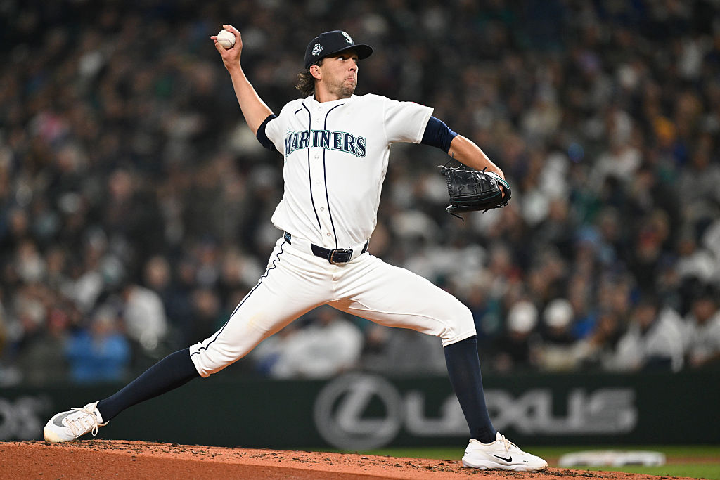SEATTLE, WA - MARCH 26: Logan Gilbert #36 of the Seattle Mariners pitches during the game between the Cleveland Guardians and the Seattle Mariners at T-Mobile Park on Thursday, March 26, 2026 in Seattle, Washington. (Photo by Rod Mar/MLB Photos via Getty Images)