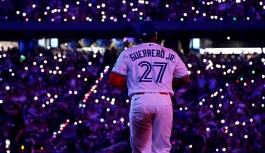 TORONTO, ON - March 27 - First baseman Vladimir Guerrero Jr. #27 of the Toronto Blue Jays takes the field for the ninth inning against the Athletics at the Rogers Centre in Toronto on Friday, March 27, 2026. The opening game marks the start of the 50th anniversary season for the Blue Jays. Steve Russell/Toronto Star March-27-2026 (Steve Russell/Toronto Star via Getty Images)