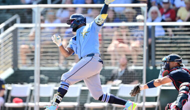 NORTH PORT, FLORIDA - MARCH 24: Junior Caminero #13 of the Tampa Bay Rays hits a single in the second inning against the Atlanta Braves during a Grapefruit League spring training game at CoolToday Park on March 24, 2026 in North Port, Florida. (Photo by Julio Aguilar/Getty Images)