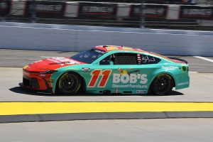 MARTINSVILLE, VA - MARCH 28: Denny Hamlin (#11 Joe Gibbs Racing Bob's Discount Furniture Toyota) races through Turn 3 during practice for the running of the NASCAR Cup Series Cook Out 400 on March 28, 2026, at Martinsville Speedway in Martinsville, VA. (Photo by Jeffrey Vest/Icon Sportswire via Getty Images)