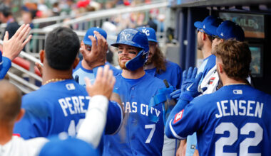ATLANTA, GEORGIA - MARCH 29: Bobby Witt Jr. #7 of the Kansas City Royals reacts with teammates after scoring during the eighth inning against the Atlanta Braves at Truist Park on March 29, 2026 in Atlanta, Georgia. (Photo by Todd Kirkland/Getty Images)