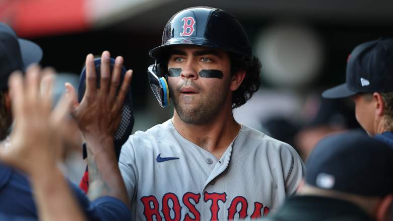 Marcelo Mayer batting for the Boston Red Sox during Opening Day 2026