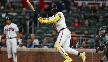ATLANTA, GA - MARCH 30: Atlanta right fielder Ronald Acuna Jr. (13) hits the ball deep during the MLB game between the Athletics and the Atlanta Braves on March 30th, 2026 at Truist Park in Atlanta, GA. (Photo by Rich von Biberstein/Icon Sportswire via Getty Images)