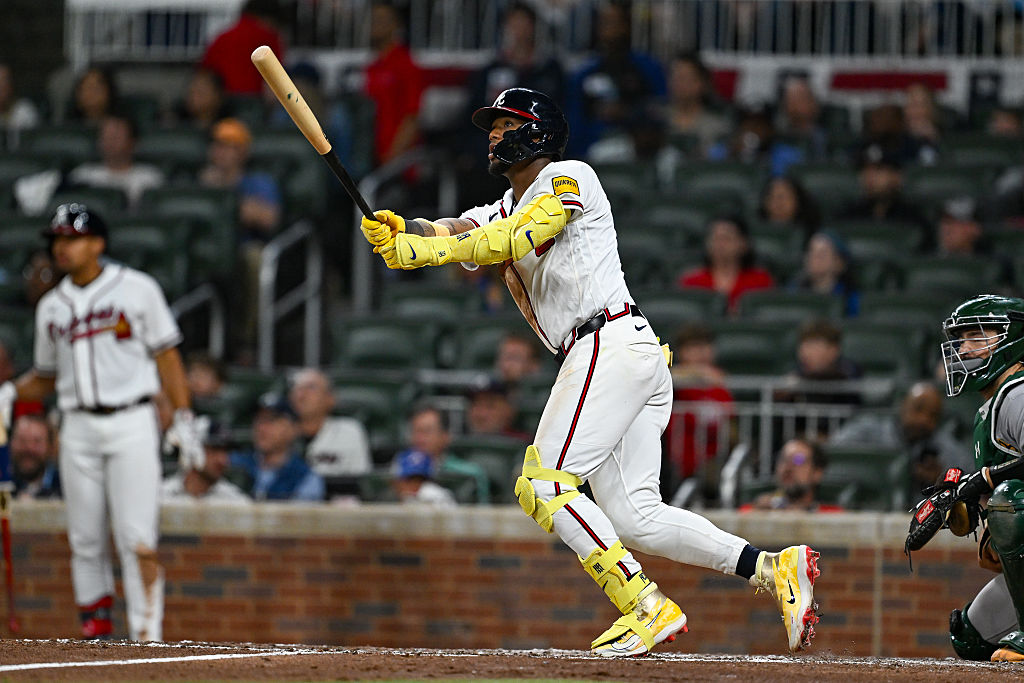 ATLANTA, GA - MARCH 30: Atlanta right fielder Ronald Acuna Jr. (13) hits the ball deep during the MLB game between the Athletics and the Atlanta Braves on March 30th, 2026 at Truist Park in Atlanta, GA. (Photo by Rich von Biberstein/Icon Sportswire via Getty Images)