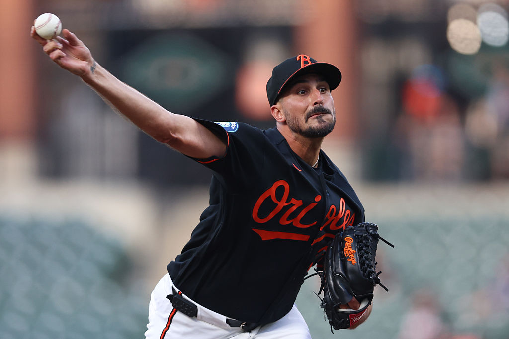 BALTIMORE, MARYLAND - MARCH 31: Zach Eflin #24 of the Baltimore Orioles pitches in the first inning against the Texas Rangers at Oriole Park at Camden Yards on March 31, 2026 in Baltimore, Maryland. (Photo by Bill Streicher/Getty Images)