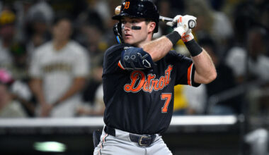 SAN DIEGO, CALIFORNIA - MARCH 28: Kevin McGonigle #7 of the Detroit Tigers bats during the seventh inning against the San Diego Padres at Petco Park on March 28, 2026 in San Diego, California.