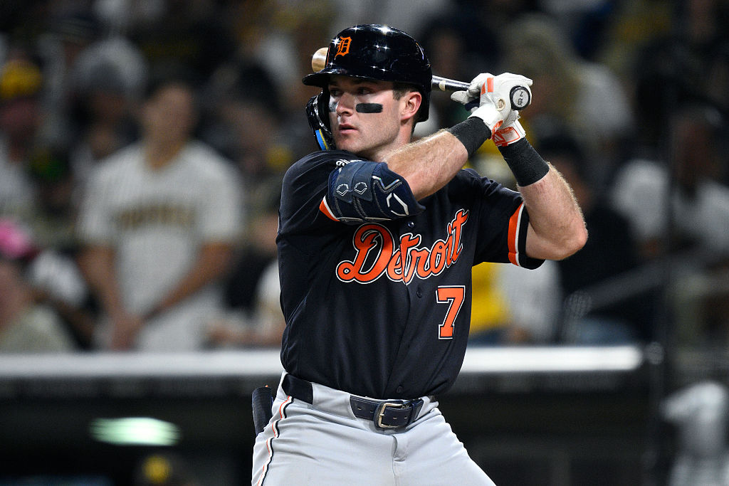 SAN DIEGO, CALIFORNIA - MARCH 28: Kevin McGonigle #7 of the Detroit Tigers bats during the seventh inning against the San Diego Padres at Petco Park on March 28, 2026 in San Diego, California.