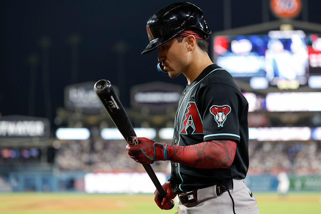 LOS ANGELES, CALIFORNIA - MARCH 28: Corbin Carroll #7 of the Arizona Diamondbacks walks to the on deck circle during a game against the Los Angeles Dodgers at Dodger Stadium on March 28, 2026 in Los Angeles, California. (Photo by Brandon Sloter/IOS/Getty Images)