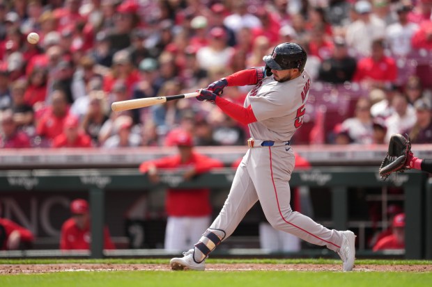 Wilyer Abreu of the Boston Red Sox hits a two-run home run during the fourth inning of a baseball game against the Cincinnati Reds at Great American Ball Park on March 29, 2026 in Cincinnati. (Photo by Jeff Dean/Getty Images)