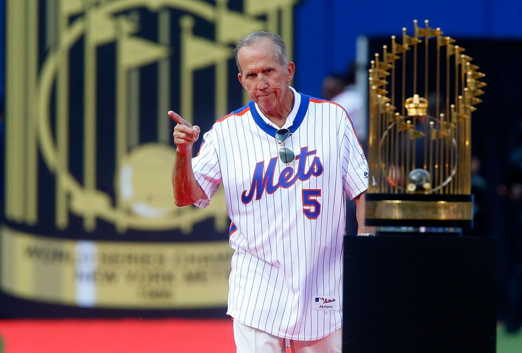 1986 New York Mets Alumni Davey Johnson is introduced during a ceremony prior to a game against the Los Angeles Dodgers at Citi Field on Saturday, May 28, 2016 in the Queens Borough of New York City. 
 The Dodgers defeated the Mets 9-1.