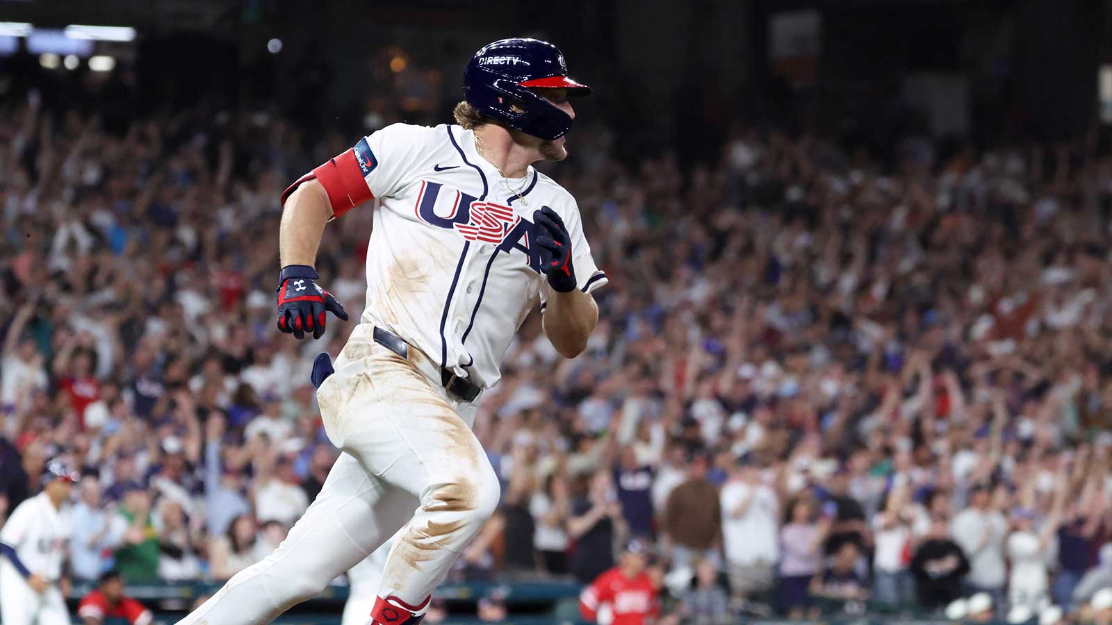 United States shortstop Gunnar Henderson (11) runs the bases after hitting a two-run double against Great Britain during the fifth inning at Daikin Park.