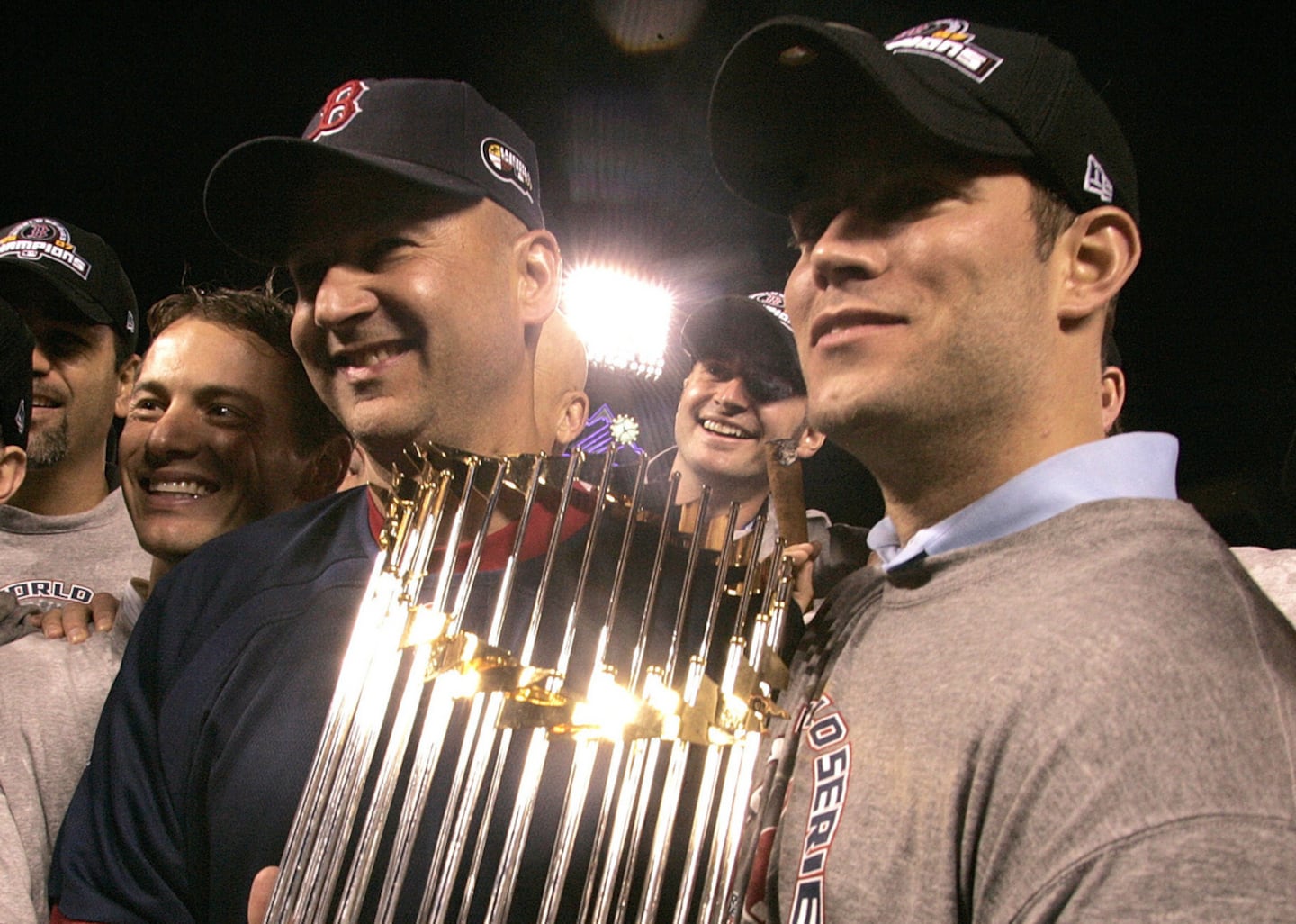 Terry Francona (left) celebrated his second World Series win as manager of the Red Sox in 2007 alongside general manager Theo Epstein.