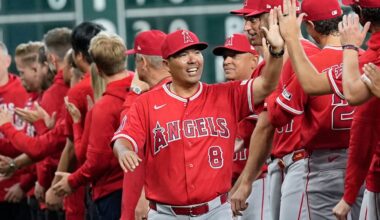 Los Angeles Angels manager Kurt Suzuki (8) was introduced before Thursday's Opening Day game against the Houston Astros in Houston.