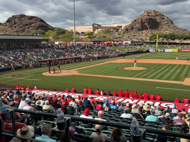 Fans have elbow room and a scenic view at Tempe Diablo Stadium for a game March 10 between the Angels and the Padres. The stadium has a capacity of 9,558 in the bleacher-like stands and on the lawn. (Photo by David Allen, Inland Valley Daily Bulletin/SCNG)