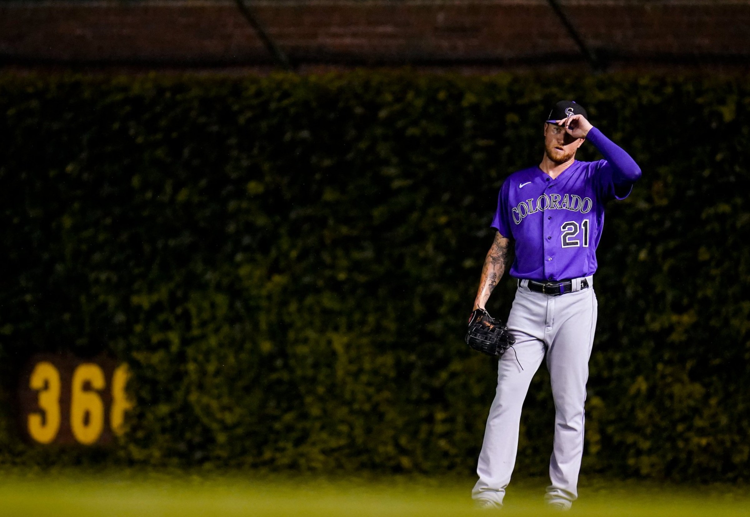 Kyle Freeland plays right field at Wrigley Field on August 25, 2021, in the 10th inning