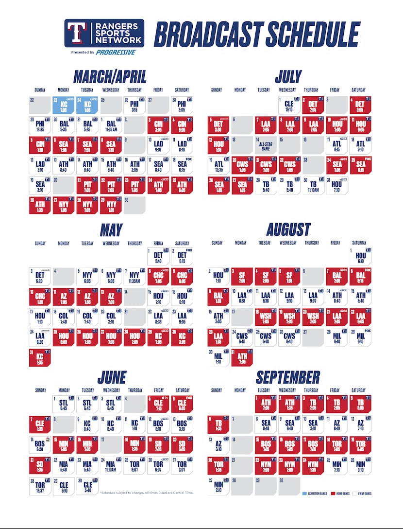The 2026 regular season broadcast schedule for the Texas Rangers.