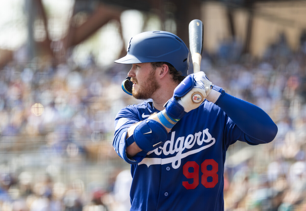 Los Angeles Dodgers first baseman James Tibbs III against the Seattle Mariners during a spring training game at Camelback Ranch-Glendale.