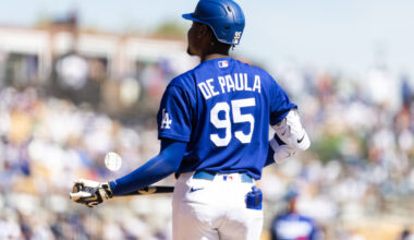 Detailed view of the jersey of Los Angeles Dodgers outfielder Josue De Paula (95) against Team Mexico during a spring training game at Camelback Ranch.