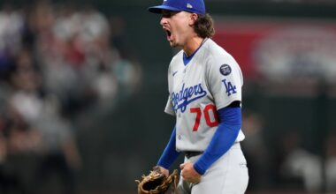 Los Angeles Dodgers left-hander Justin Wrobleski (70) yells out after striking out Arizona Diamondbacks hitter Alek Thomas (5) to win the game 5-4 in extra innings at Chase Field in Phoenix, on Sept. 24, 2025.