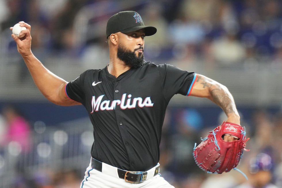 Miami Marlins starting pitcher Sandy Alcantara throws during the first inning of a baseball...
