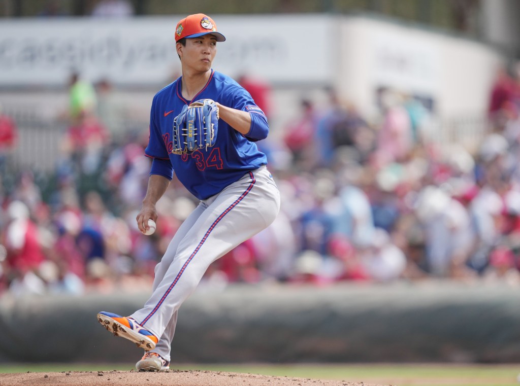 Kodai Senga, pitching during an earlier spring training game, threw three scoreless innings in the Mets' 1-0 exhibition loss to the Marlins on March 13 2026.