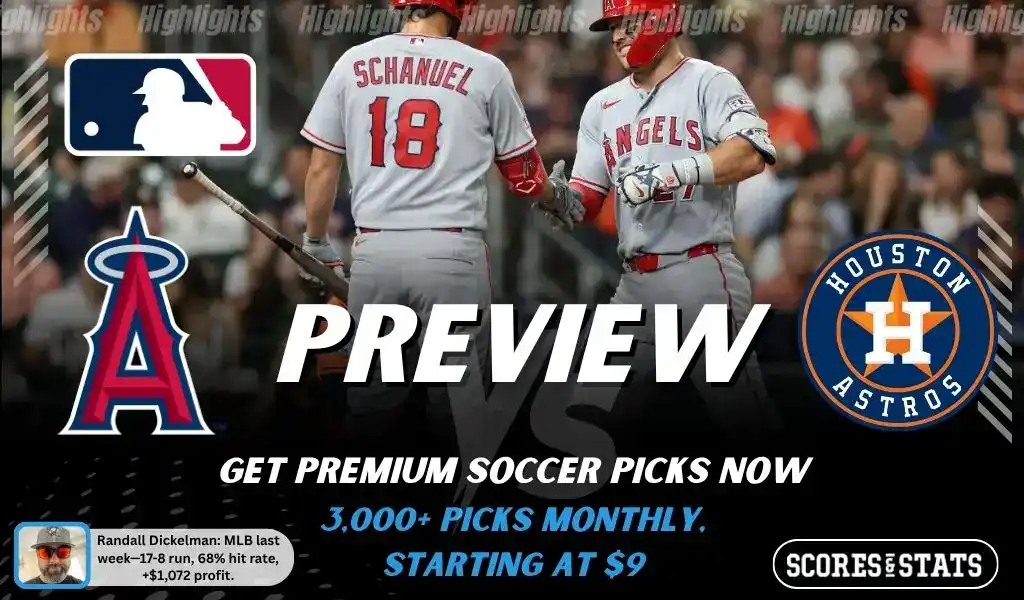 Los Angeles Angels vs Houston Astros preview image with both team logos, a relevant baseball background, and the ScoresAndStats logo.