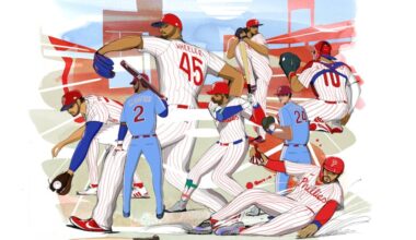 Illustration of Phillies baseball players.