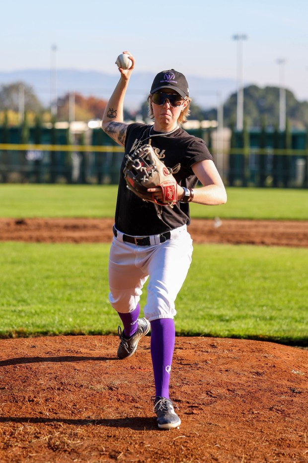 Arwen McCullough, a Granada High School graduate and current senior at Cal Poly San Luis Obispo, was recently selected by the San Francisco team in the inaugural Women's Pro Baseball League draft as she visits her alma mater baseball field in Livermore, Calif., on Tuesday, Nov. 25, 2025. McCullough is a pitcher who also brings Team USA experience. (Ray Chavez/Bay Area News Group)