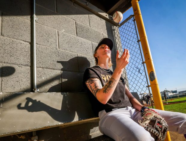 Arwen McCullough, a Granada High School graduate and current senior at Cal Poly San Luis Obispo, was recently selected by the San Francisco team in the inaugural Women's Pro Baseball League draft as she visits her alma mater baseball field in Livermore, Calif., on Tuesday, Nov. 25, 2025. McCullough is a pitcher who also brings Team USA experience. (Ray Chavez/Bay Area News Group)