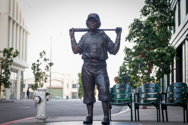The sculpture of Toni Stone, the first woman to ever play in a men's professional baseball league, near Oracle Park in San Francisco, Calif., on Saturday, Jan. 31, 2026. Toni Stone was a Black woman, a former Oakland resident, who came up in the Negro Leagues in the late 1940s. (Shae Hammond/Bay Area News Group)