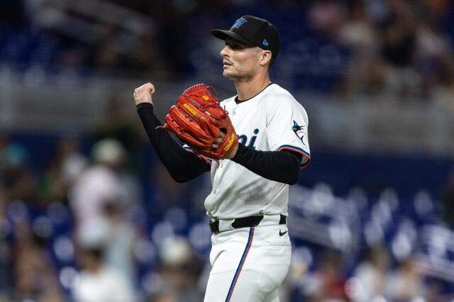 Miami Marlins pitcher Calvin Faucher (53) reacts to defeating the Atlanta Braves 2-1 an MLB game at loanDepot park on Monday, August 25, 2025, in Miami, Fla.