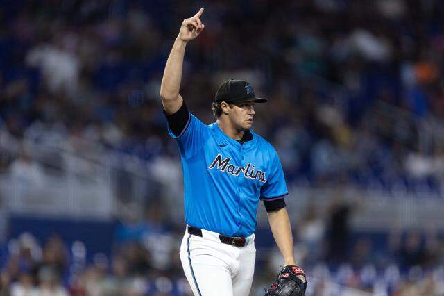 Miami Marlins pitcher Tyler Phillips (30) reacts to defeating the Toronto Blue Jays 5-3 after the ninth inning of an MLB game at loanDepot park on Sunday, August 23, 2025, in Miami, Fla.