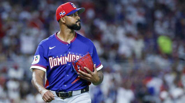Dominican Republic pitcher Sandy Alcantara (7) walks off the field after the second inning during the World Baseball Classic against Venezuela at loanDept park on Wednesday, March 11, 2026. 