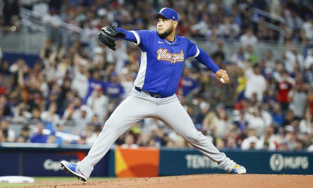 Venezuela pitcher Eduardo Rodriguez (52) pitches against the United States in the first inning during the final game of the 2026 World Baseball Classic at loanDepot park on Tuesday, March 17, 2026. 