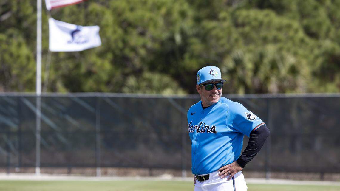 Miami Marlins manager Clayton McCullough (86) looks on during the team's first full-squad spring training workout at Roger Dean Stadium on Monday, Feb. 16, 2026, in Jupiter, Fla.