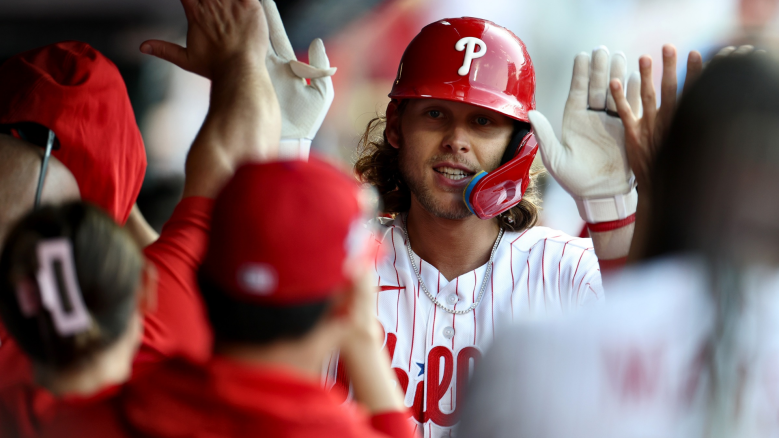 Philadelphia Phillies third baseman Alec Bohm during a game, as news breaks that he is suing his parents over alleged financial mismanagement of millions in earnings.